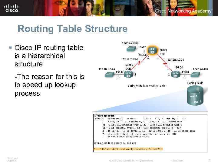 Routing Table Structure § Cisco IP routing table is a hierarchical structure -The reason