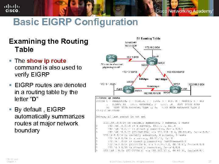 Basic EIGRP Configuration Examining the Routing Table § The show ip route command is