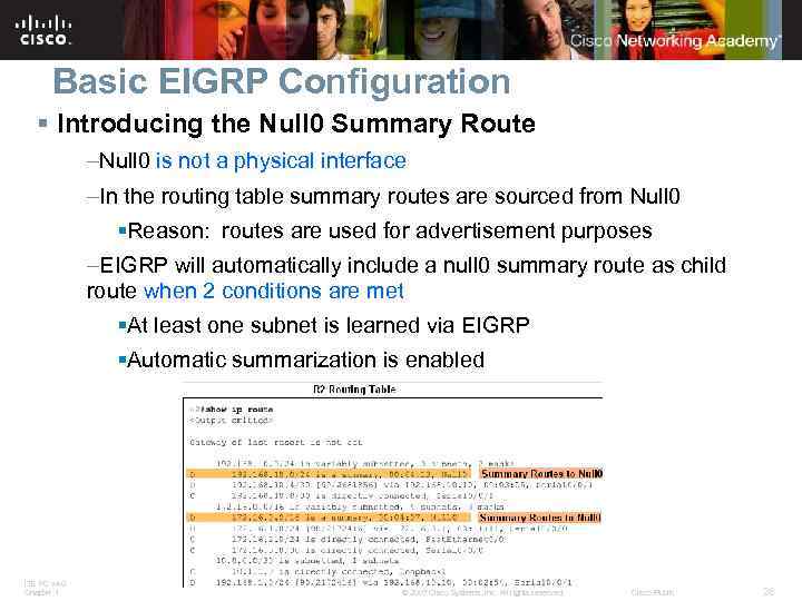 Basic EIGRP Configuration § Introducing the Null 0 Summary Route –Null 0 is not