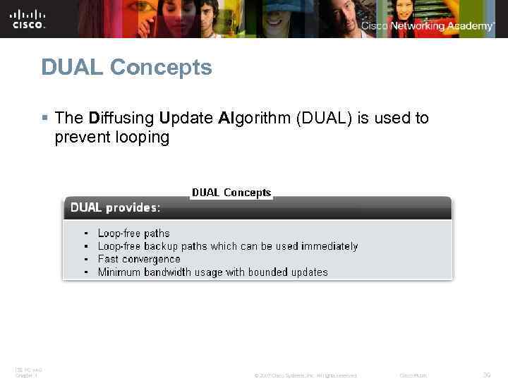DUAL Concepts § The Diffusing Update Algorithm (DUAL) is used to prevent looping ITE