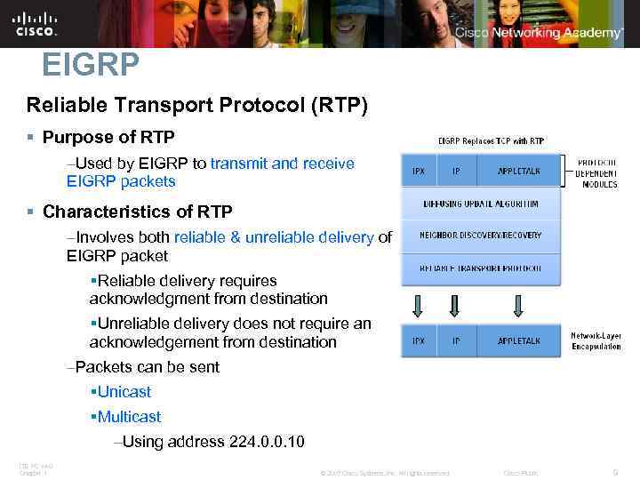 EIGRP Reliable Transport Protocol (RTP) § Purpose of RTP –Used by EIGRP to transmit