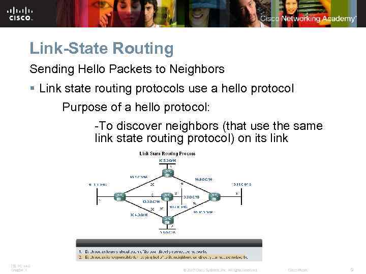 Link-State Routing Sending Hello Packets to Neighbors § Link state routing protocols use a