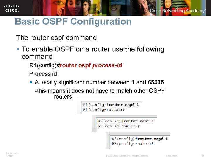 Basic OSPF Configuration The router ospf command § To enable OSPF on a router
