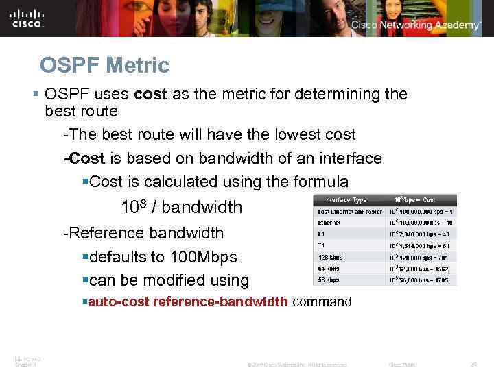 OSPF Metric § OSPF uses cost as the metric for determining the best route
