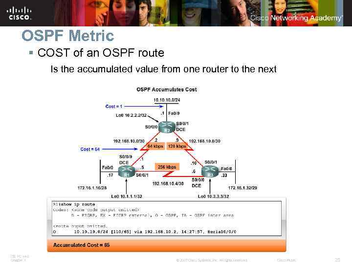 OSPF Metric § COST of an OSPF route Is the accumulated value from one