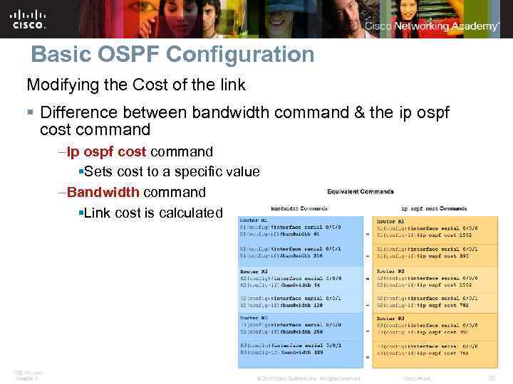 Basic OSPF Configuration Modifying the Cost of the link § Difference between bandwidth command