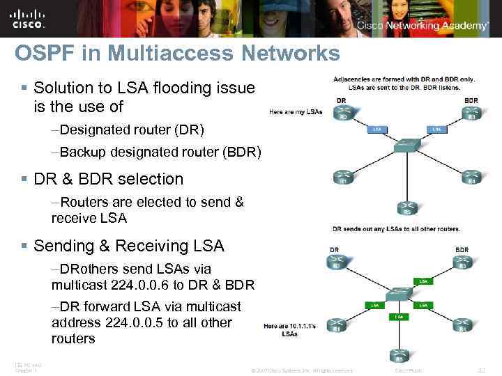OSPF in Multiaccess Networks § Solution to LSA flooding issue is the use of