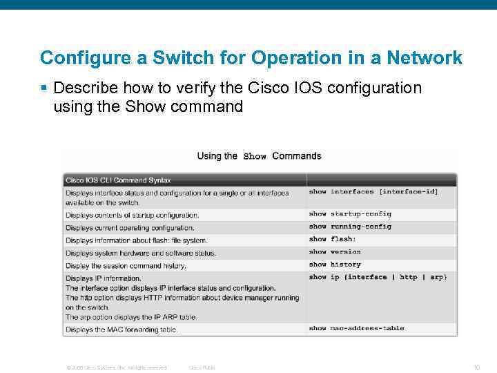 Configure a Switch for Operation in a Network § Describe how to verify the