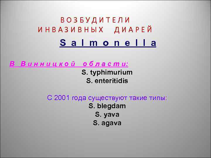 ВОЗБУДИТЕЛИ ИНВАЗИВНЫХ ДИАРЕЙ S a l m o n e l l a В