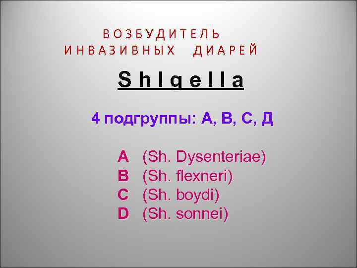 ВОЗБУДИТЕЛЬ ИНВАЗИВНЫХ ДИАРЕЙ Sh. Igella 4 подгруппы: А, В, С, Д А В C