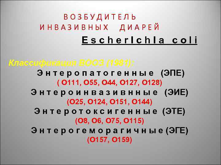 ВОЗБУДИТЕЛЬ ИНВАЗИВНЫХ ДИАРЕЙ Escher. Ich. Ia colі Классификация ВООЗ (1981): Э н т е