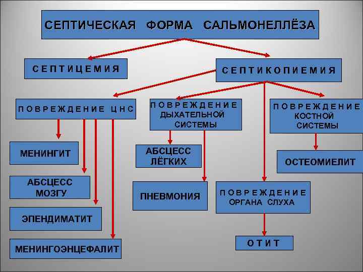 СЕПТИЧЕСКАЯ ФОРМА САЛЬМОНЕЛЛЁЗА СЕПТИЦЕМИЯ ПОВРЕЖДЕНИЕ ЦНС МЕНИНГИТ АБСЦЕСС МОЗГУ СЕПТИКОПИЕМИЯ ПОВРЕЖДЕНИЕ ДЫХАТЕЛЬНОЙ СИСТЕМЫ ПОВРЕЖДЕНИЕ