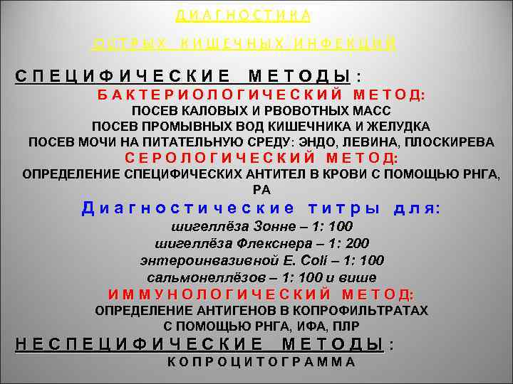 ДИАГНОСТИКА ОСТРЫХ КИШЕЧНЫХ ИНФЕКЦИЙ СПЕЦИФИЧЕСКИЕ МЕТОДЫ: Б А К Т Е Р И О