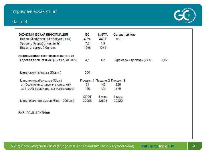 Управленческий отчет Часть 4 Briefing Global Management Challenge (to go to next or previous