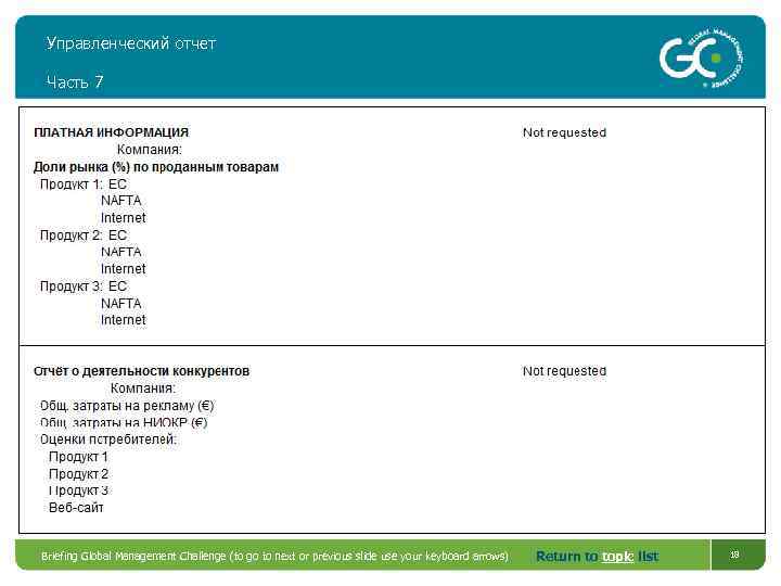 Управленческий отчет Часть 7 Briefing Global Management Challenge (to go to next or previous