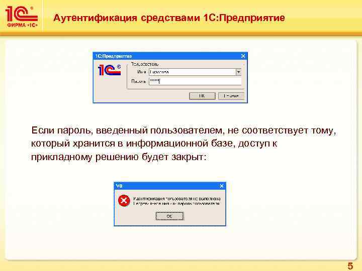 Аутентификация средствами 1 С: Предприятие Если пароль, введенный пользователем, не соответствует тому, который хранится