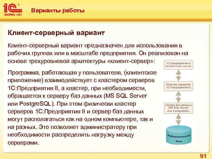 Варианты работы Клиент-серверный вариант предназначен для использования в рабочих группах или в масштабе предприятия.