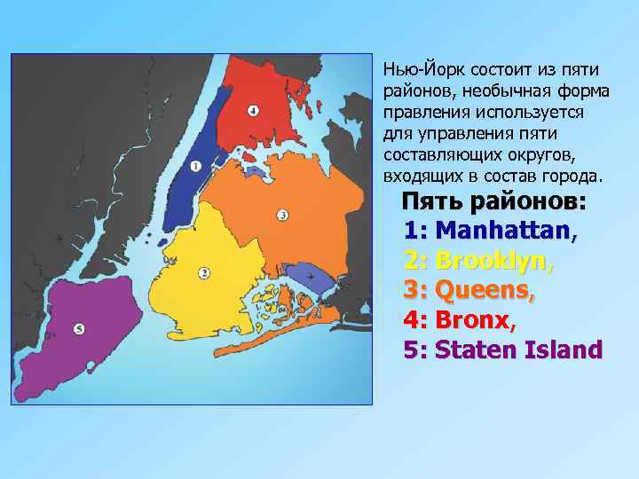 Нью-Йорк состоит из пяти районов, необычная форма правления используется для управления пяти составляющих округов,