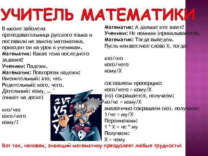 УЧИТЕЛЬ МАТЕМАТИКИ В школе заболела преподавательница русского языка и поставили на замену математика, приходит