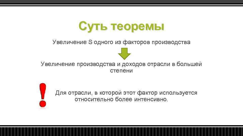 Суть теоремы Увеличение S одного из факторов производства Увеличение производства и доходов отрасли в