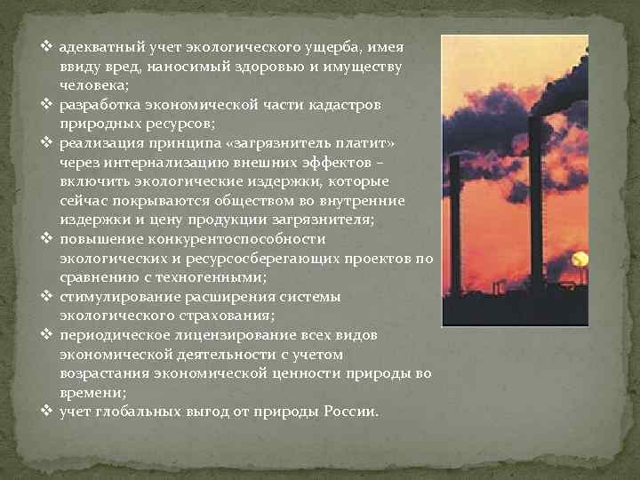 v адекватный учет экологического ущерба, имея ввиду вред, наносимый здоровью и имуществу человека; v