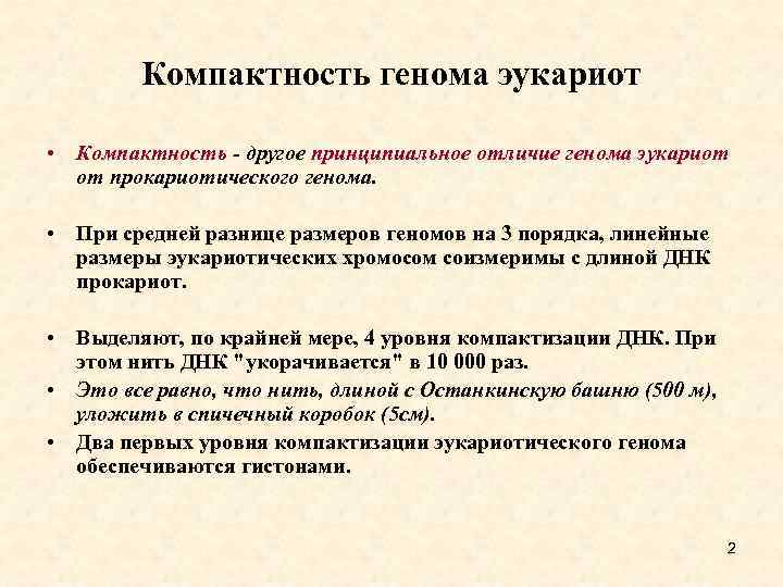 Компактность генома эукариот • Компактность - другое принципиальное отличие генома эукариот от прокариотического генома.