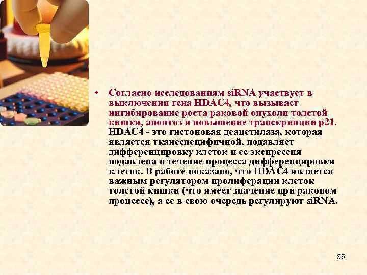  • Согласно исследованиям si. RNA участвует в выключении гена HDAC 4, что вызывает