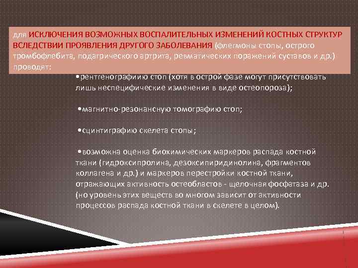 для ИСКЛЮЧЕНИЯ ВОЗМОЖНЫХ ВОСПАЛИТЕЛЬНЫХ ИЗМЕНЕНИЙ КОСТНЫХ СТРУКТУР ВСЛЕДСТВИИ ПРОЯВЛЕНИЯ ДРУГОГО ЗАБОЛЕВАНИЯ (флегмоны стопы, острого