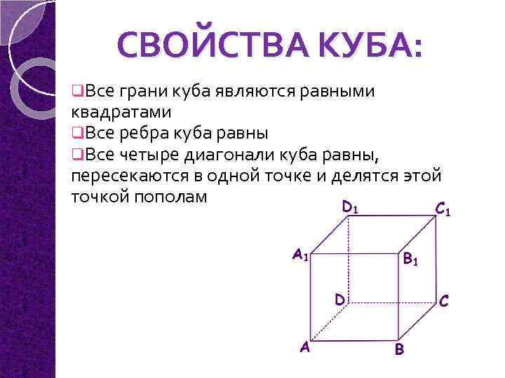 СВОЙСТВА КУБА: q. Все грани куба являются равными квадратами q. Все ребра куба равны