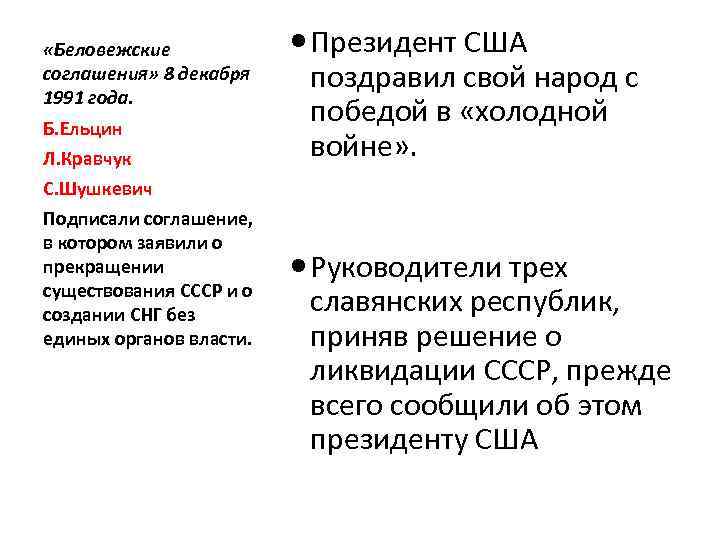  «Беловежские соглашения» 8 декабря 1991 года. Б. Ельцин Л. Кравчук С. Шушкевич Подписали
