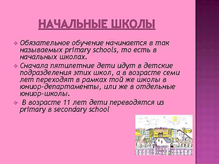 НАЧАЛЬНЫЕ ШКОЛЫ Обязательное обучение начинается в так называемых primary schools, то есть в начальных