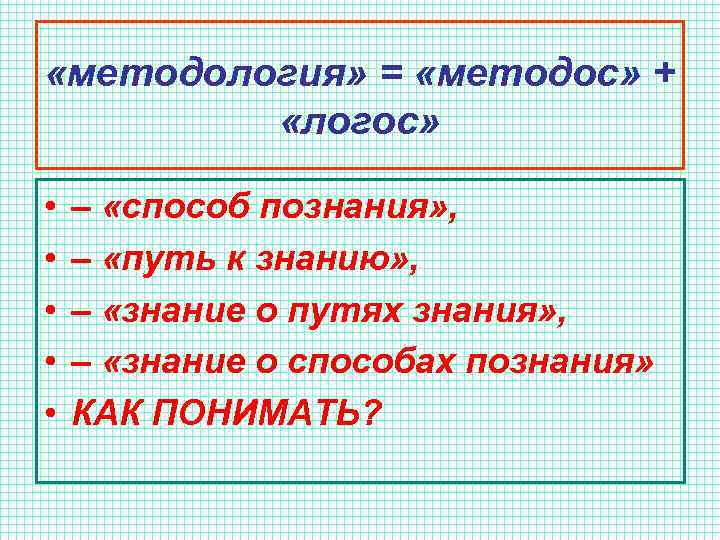  «методология» = «методос» + «логос» • • • – «способ познания» , –