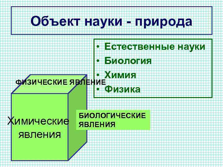 Объект науки - природа • Естественные науки • Биология • Химия ФИЗИЧЕСКИЕ ЯВЛЕНИЕ •
