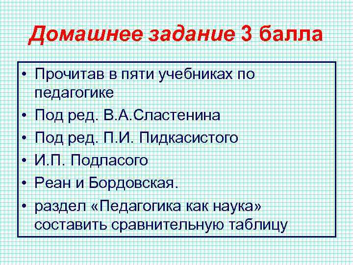 Домашнее задание 3 балла • Прочитав в пяти учебниках по педагогике • Под ред.