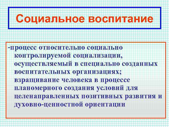Социальное воспитание -процесс относительно социально контролируемой социализации, осуществляемый в специально созданных воспитательных организациях; взращивание