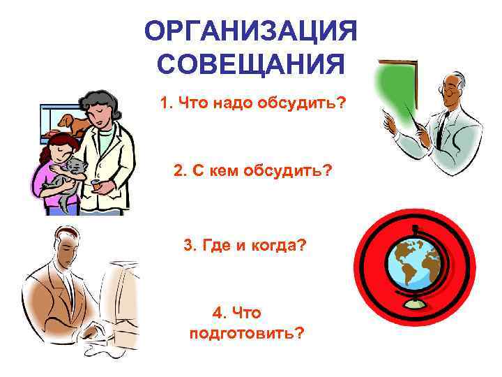 ОРГАНИЗАЦИЯ СОВЕЩАНИЯ 1. Что надо обсудить? 2. С кем обсудить? 3. Где и когда?