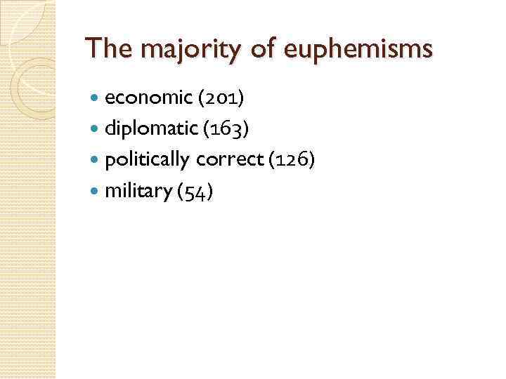 The majority of euphemisms economic (201) diplomatic (163) politically correct (126) military (54) 