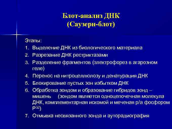 Блот-анализ ДНК (Саузерн-блот) Этапы: 1. Выделение ДНК из биологического материала 2. Разрезание ДНК рестриктазами