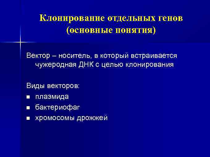 Клонирование отдельных генов (основные понятия) Вектор – носитель, в который встраивается чужеродная ДНК с