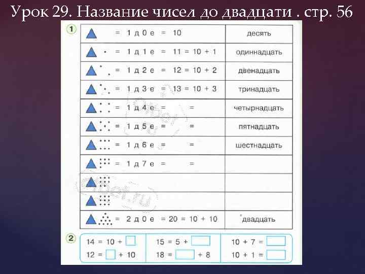 Урок 29. Название чисел до двадцати. стр. 56 