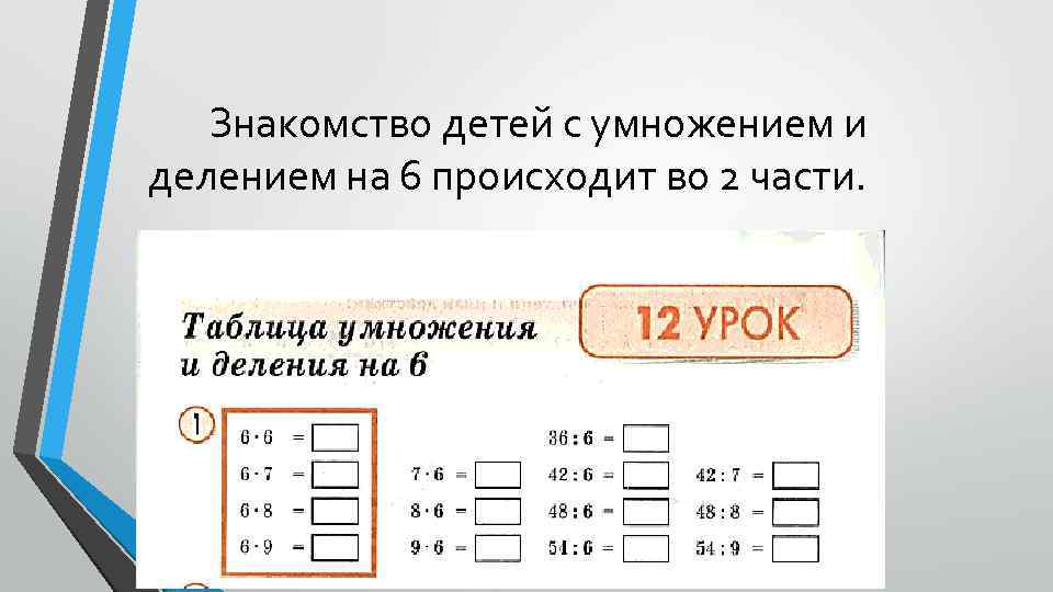 Знакомство детей с умножением и делением на 6 происходит во 2 части. 