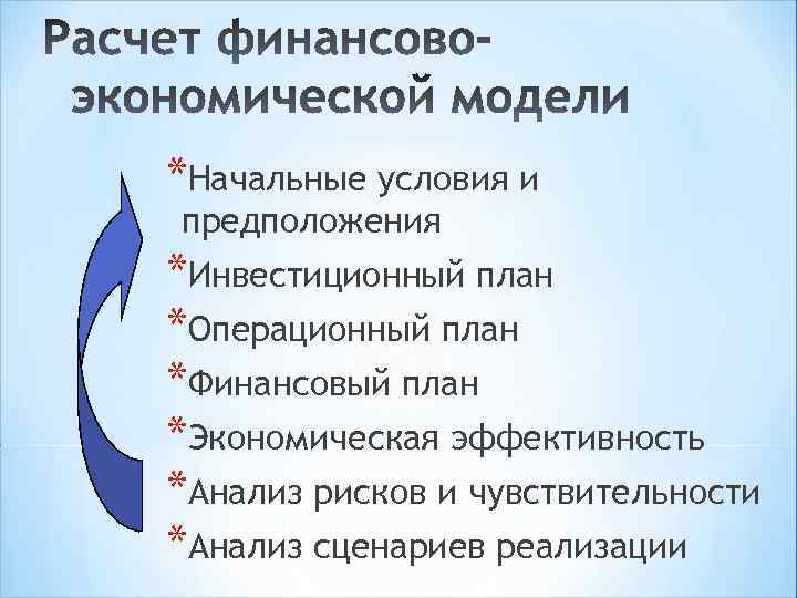 *Начальные условия и предположения *Инвестиционный план *Операционный план *Финансовый план *Экономическая эффективность *Анализ рисков