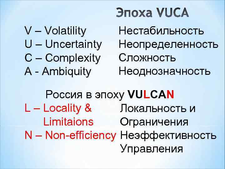 V – Volatility U – Uncertainty C – Complexity A - Ambiquity Нестабильность Неопределенность