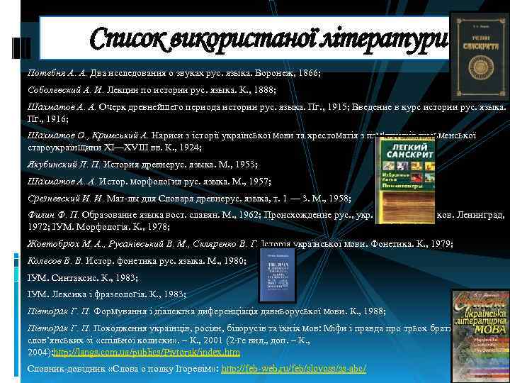 Список використаної літератури Потебня А. А. Два исследования о звуках рус. языка. Воронеж, 1866;