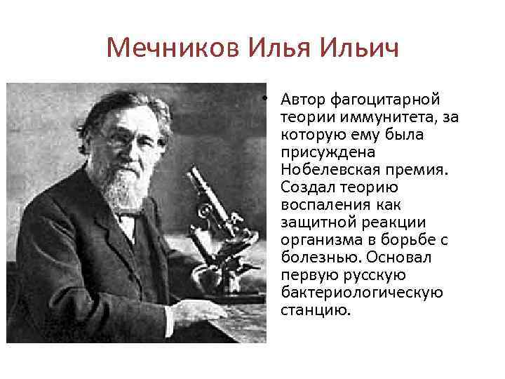 Мечников Илья Ильич • Автор фагоцитарной теории иммунитета, за которую ему была присуждена Нобелевская