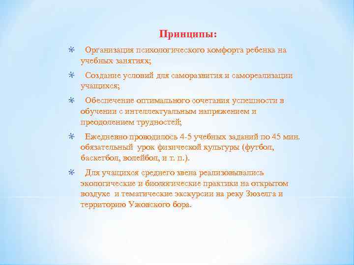 Принципы: Организация психологического комфорта ребенка на учебных занятиях; Создание условий для саморазвития и самореализации