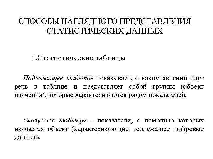 СПОСОБЫ НАГЛЯДНОГО ПРЕДСТАВЛЕНИЯ СТАТИСТИЧЕСКИХ ДАННЫХ 1. Статистические таблицы Подлежащее таблицы показывает, о каком явлении