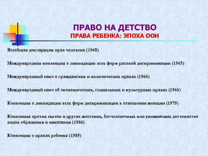 ПРАВО НА ДЕТСТВО ПРАВА РЕБЕНКА: ЭПОХА ООН Всеобщая декларация прав человека (1948) Международная конвенция