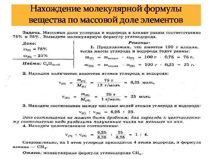 Нахождение молекулярной формулы вещества по массовой доле элементов 