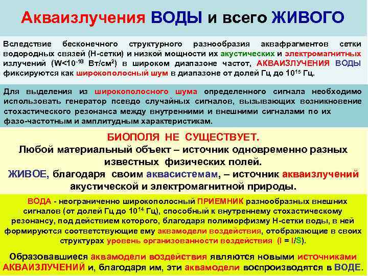Акваизлучения ВОДЫ и всего ЖИВОГО Вследствие бесконечного структурного разнообразия аквафрагментов сетки водородных связей (Н-сетки)